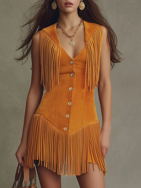 Western Retro Orange Faux Suede Tassel Sleeveless Mini Dress sold by Oyrosy