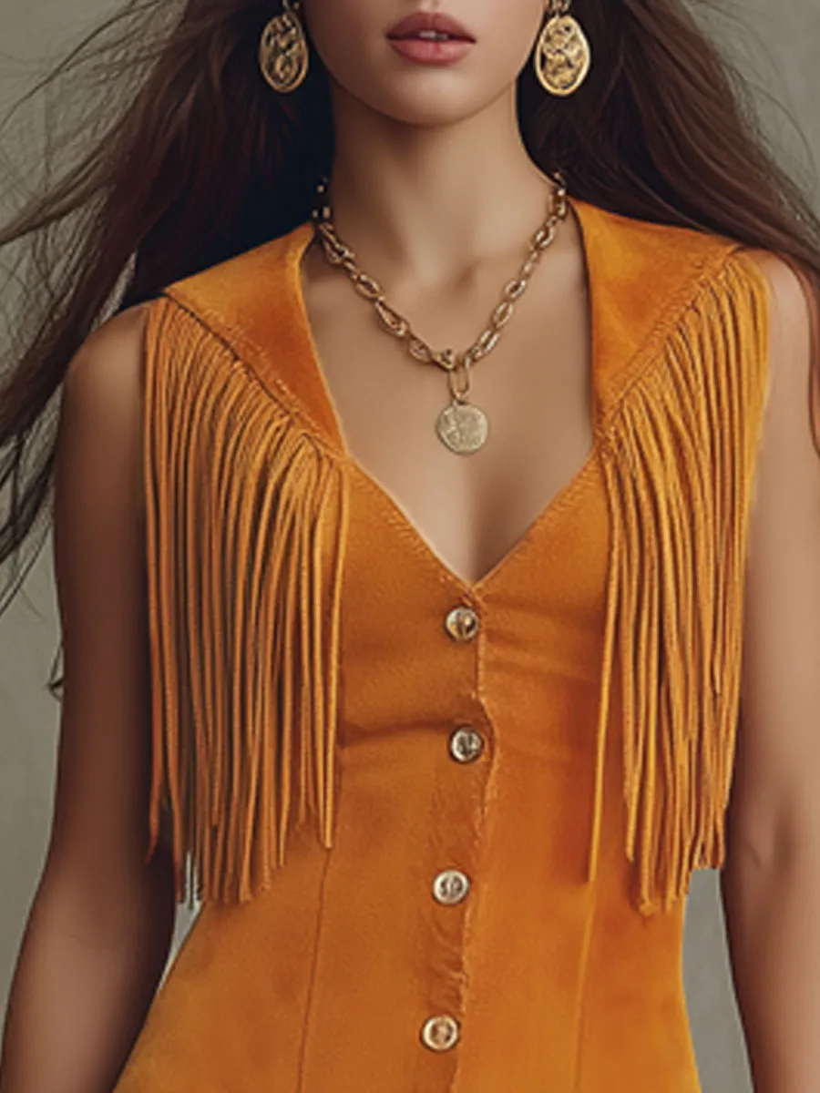 Western Retro Orange Faux Suede Tassel Sleeveless Mini Dress sold by Oyrosy product image thumbnail 5