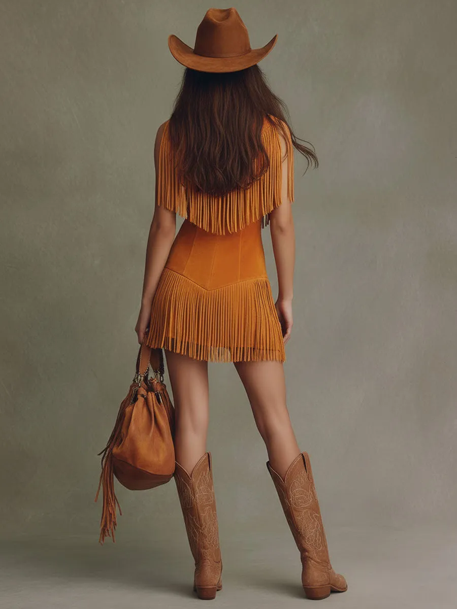 Western Retro Orange Faux Suede Tassel Sleeveless Mini Dress sold by Oyrosy product image thumbnail 4