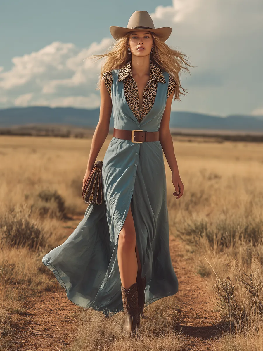 Comfortable And Casual Leopard Print Collared Sleeveless Slit Chiffon Maxi Dress sold by Oyrosy product image thumbnail 4