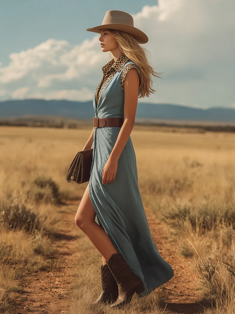 Comfortable And Casual Leopard Print Collared Sleeveless Slit Chiffon Maxi Dress sold by Oyrosy product image thumbnail 2