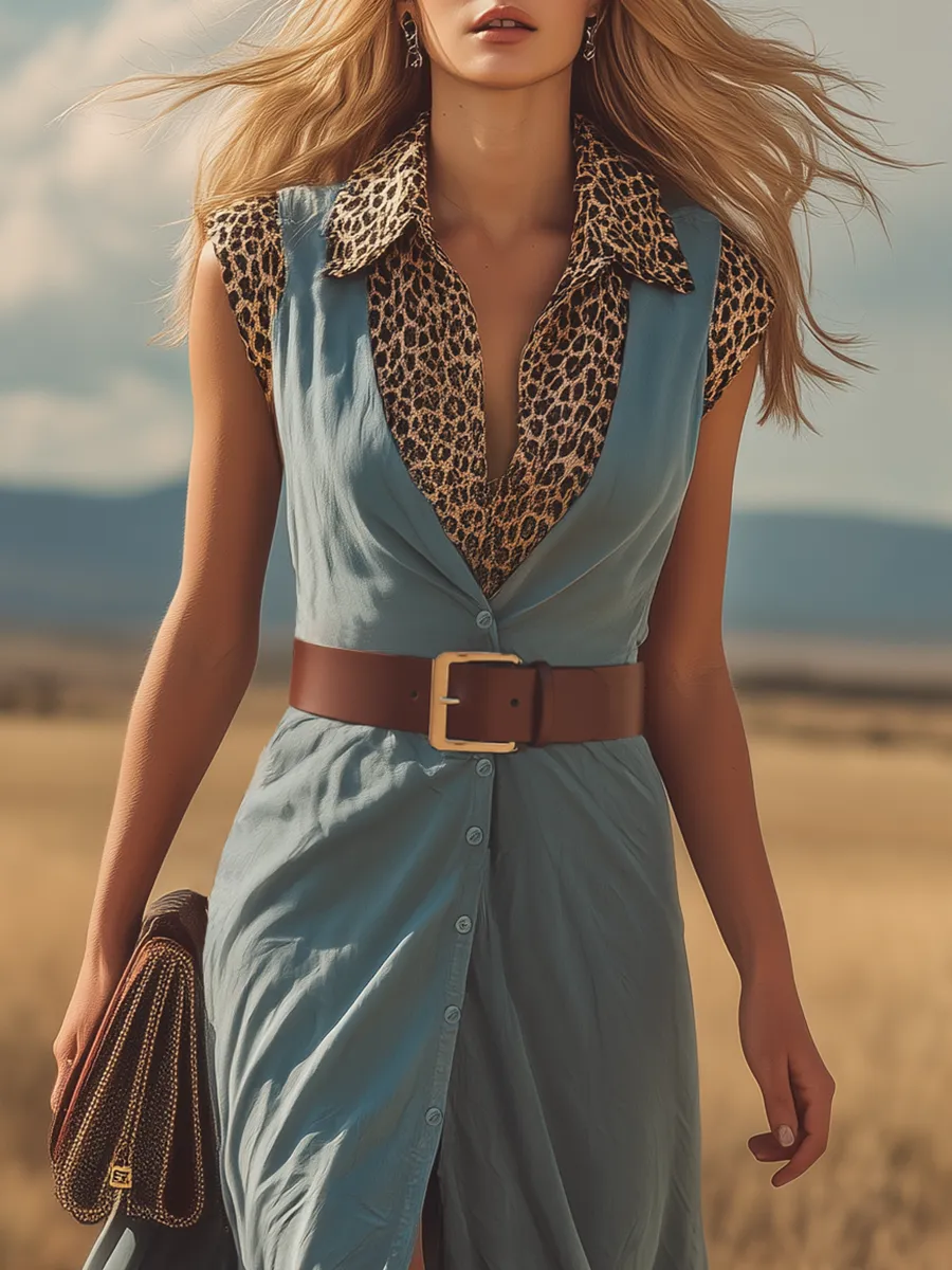 Comfortable And Casual Leopard Print Collared Sleeveless Slit Chiffon Maxi Dress sold by Oyrosy product image thumbnail 5