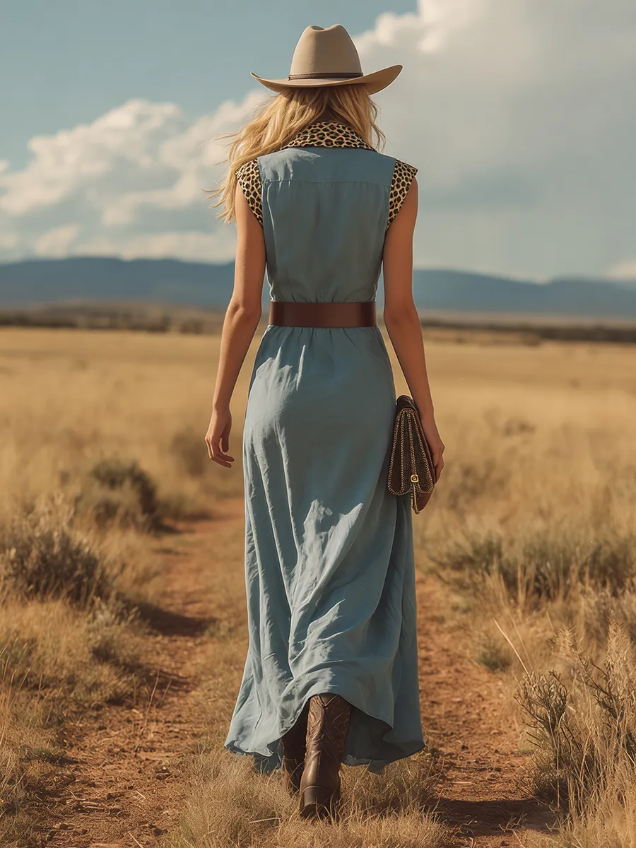 Comfortable And Casual Leopard Print Collared Sleeveless Slit Chiffon Maxi Dress sold by Oyrosy product image thumbnail 3