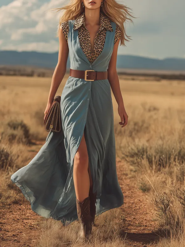 Comfortable And Casual Leopard Print Collared Sleeveless Slit Chiffon Maxi Dress sold by Oyrosy