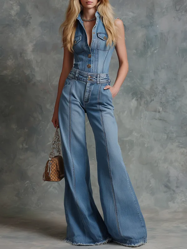 Retro-style Stand-up Collar Button-down Sleeveless Top And Wide-leg Denim Trousers Set made by Oyrosy