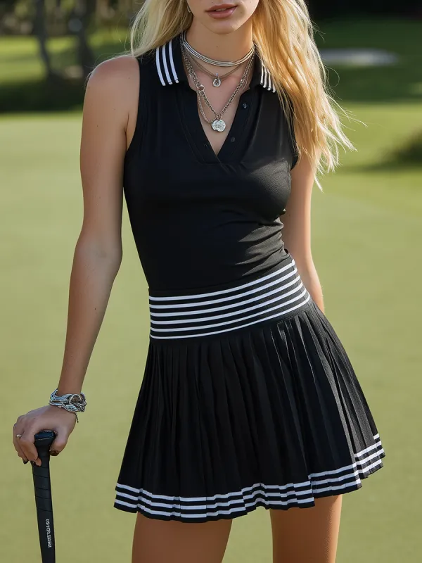 Retro Sporty Elegant Collared Sleeveless T-shirt And Pleated Skirt Set sold by Oyrosy