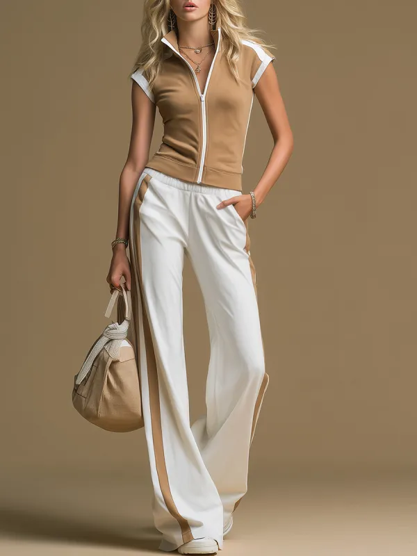 Retro Classic Sporty Stand-up Collar Sleeveless Top And Wide-leg Pants Set sold by Oyrosy
