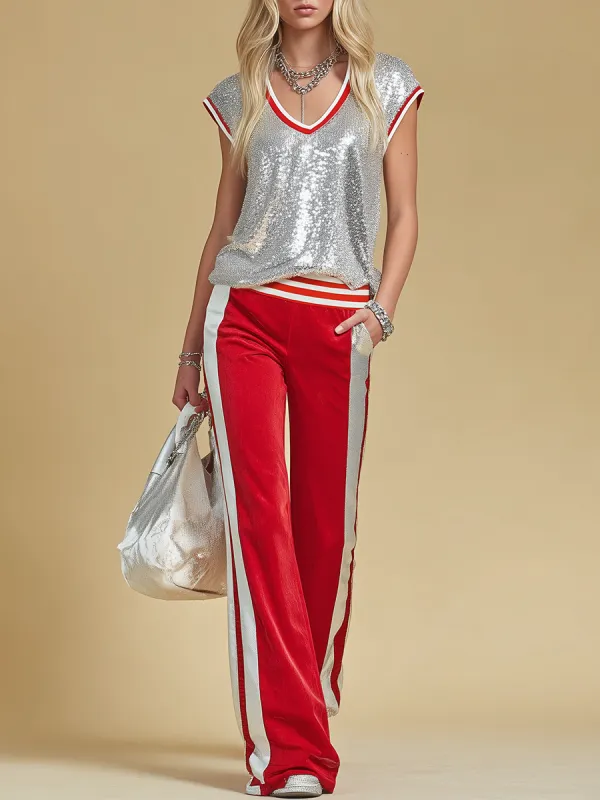 Retro-chic Sporty V-neck Sleeveless Top And Velvet Wide-leg Pants Set made by Oyrosy
