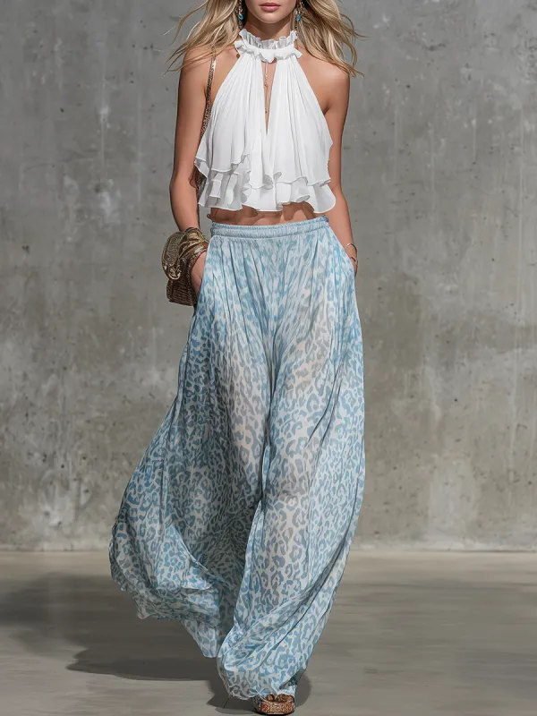 Retro Elegant Simple Sleeveless Ruffled Top And Leopard Print Wide-leg Pants Set made by Oyrosy