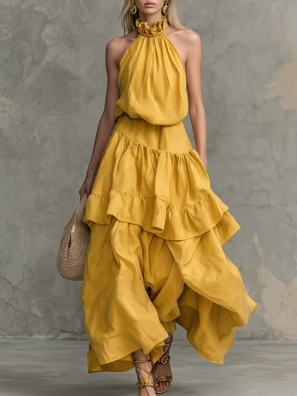 Retro Elegant Simple Ruffled Collar Sleeveless Cotton And Linen Maxi Dress made by Oyrosy