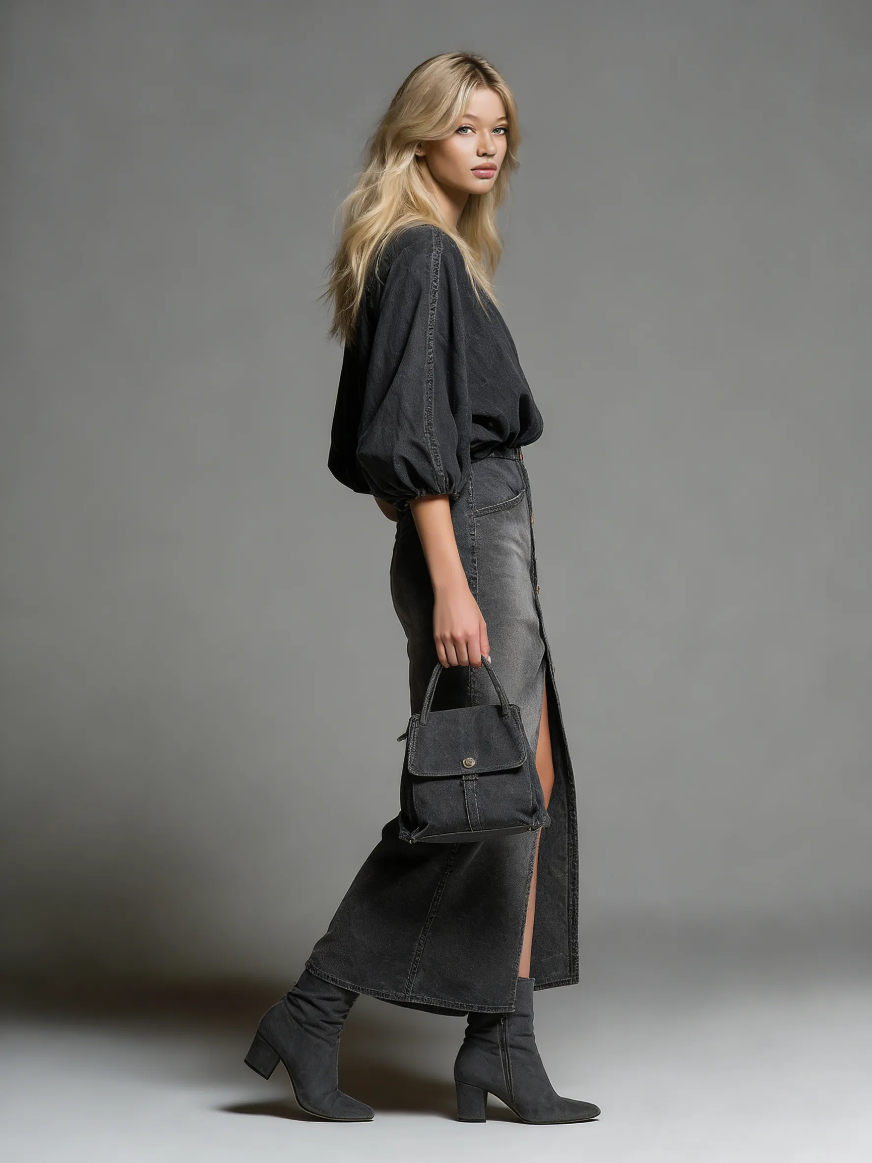 Stylish And Beautiful V-neck Puff Sleeve Top And A Denim Skirt With A Side Slit Set sold by Oyrosy product image thumbnail 2