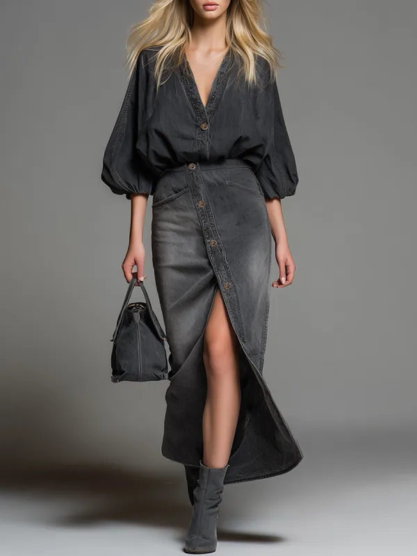 Stylish And Beautiful V-neck Puff Sleeve Top And A Denim Skirt With A Side Slit Set made by Oyrosy