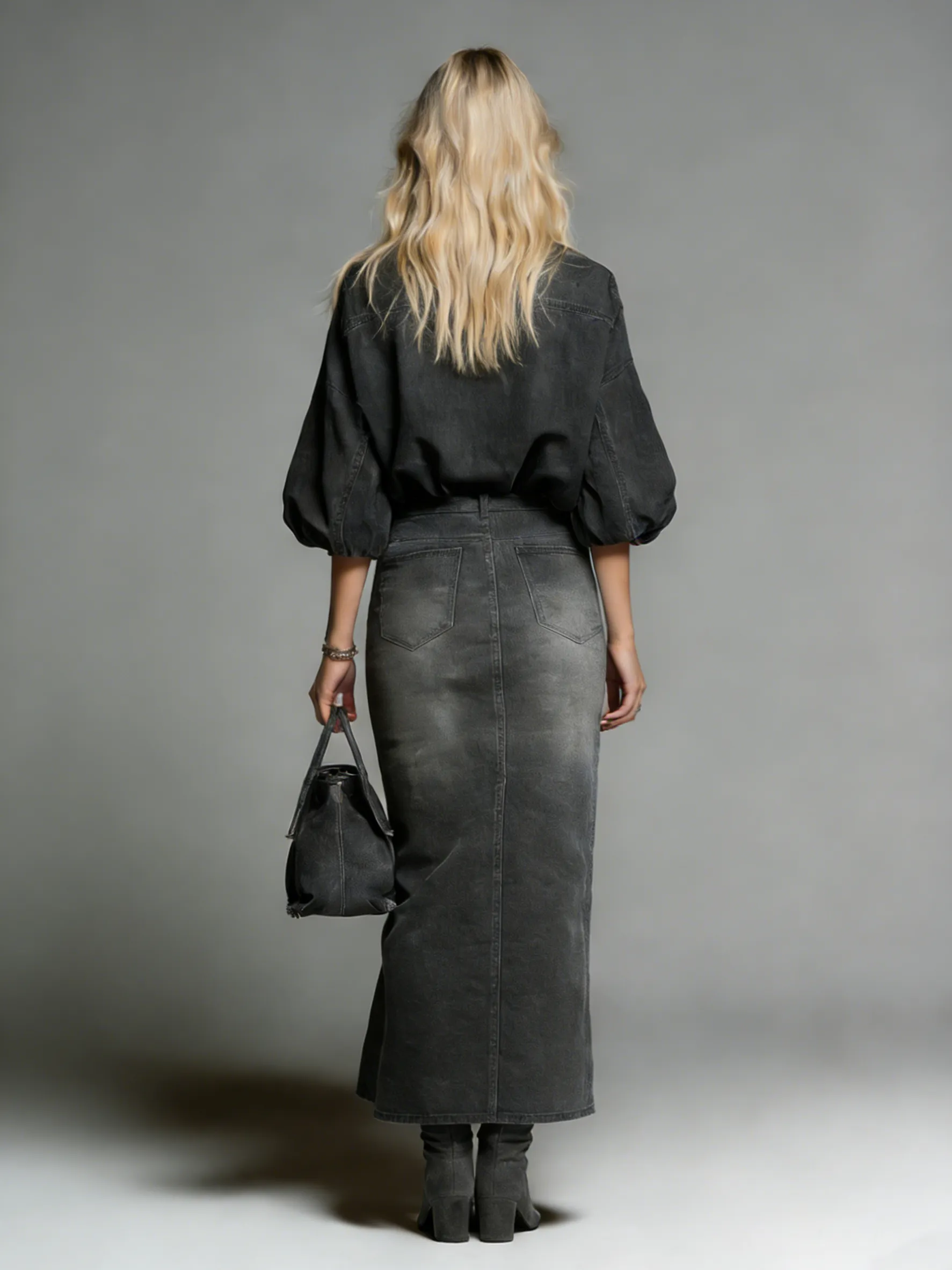 Stylish And Beautiful V-neck Puff Sleeve Top And A Denim Skirt With A Side Slit Set sold by Oyrosy product image thumbnail 3