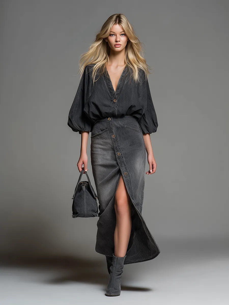Stylish And Beautiful V-neck Puff Sleeve Top And A Denim Skirt With A Side Slit Set sold by Oyrosy product image thumbnail 4
