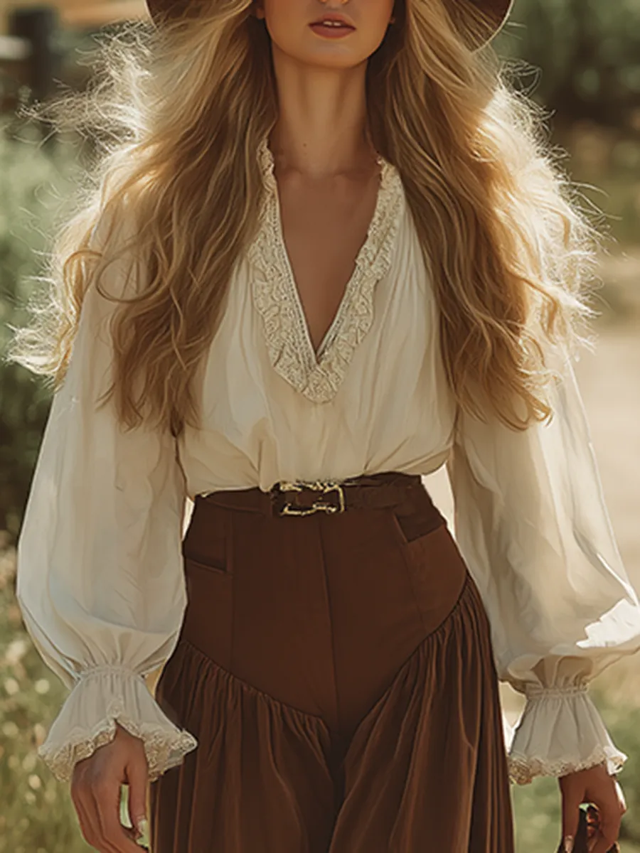 Retro-chic V-neck Lace-trimmed Chiffon Long-sleeved Top And Wide-leg Trousers Set sold by Oyrosy product image thumbnail 5