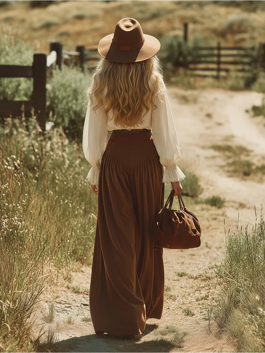 Retro-chic V-neck Lace-trimmed Chiffon Long-sleeved Top And Wide-leg Trousers Set sold by Oyrosy product image thumbnail 3