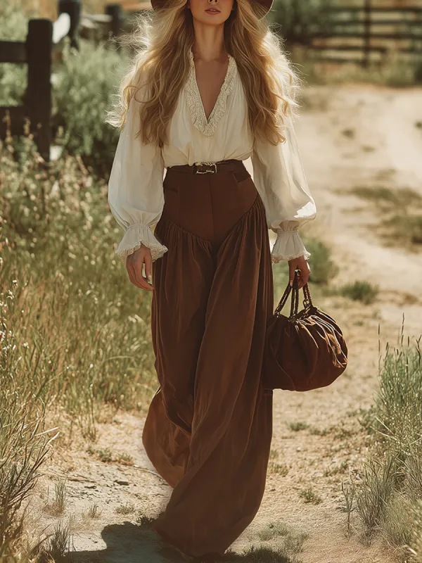 Retro-chic V-neck Lace-trimmed Chiffon Long-sleeved Top And Wide-leg Trousers Set made by Oyrosy