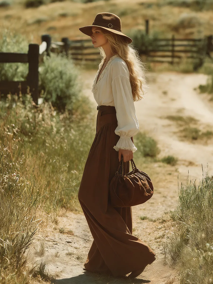 Retro-chic V-neck Lace-trimmed Chiffon Long-sleeved Top And Wide-leg Trousers Set sold by Oyrosy product image thumbnail 2