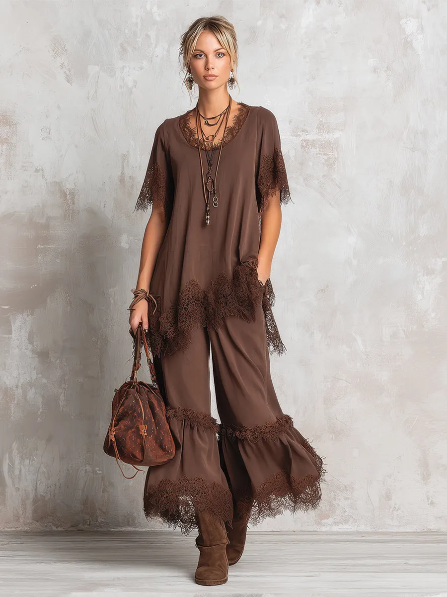 Minimalist Urban Lace-trimmed Brown Chiffon T-shirt And Wide-leg Pants Loose-fitting Set sold by Oyrosy product image thumbnail 2