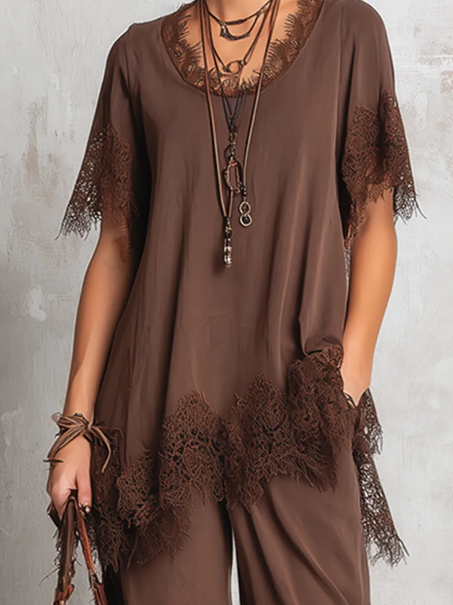 Minimalist Urban Lace-trimmed Brown Chiffon T-shirt And Wide-leg Pants Loose-fitting Set sold by Oyrosy product image thumbnail 5