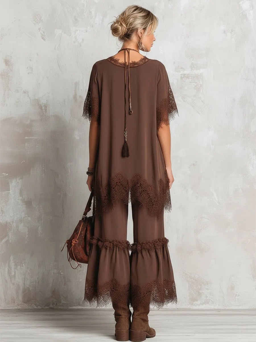 Minimalist Urban Lace-trimmed Brown Chiffon T-shirt And Wide-leg Pants Loose-fitting Set sold by Oyrosy product image thumbnail 4