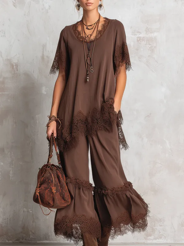 Minimalist Urban Lace-trimmed Brown Chiffon T-shirt And Wide-leg Pants Loose-fitting Set sold by Oyrosy