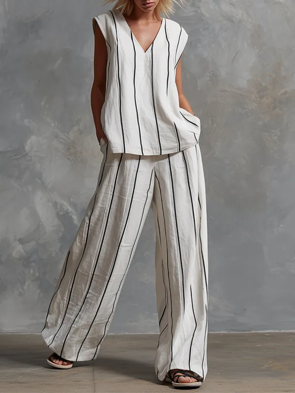 Classic Striped White Cotton Sleeveless Top And Wide-leg Pants Set sold by Oyrosy