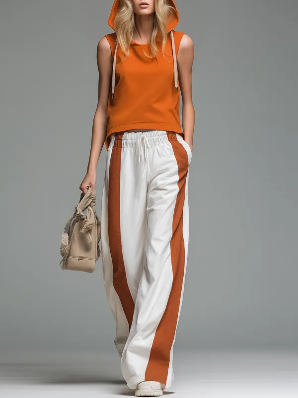 Sporty Casual Hooded Sleeveless Top And Wide-striped Patchwork Trousers Set sold by Oyrosy