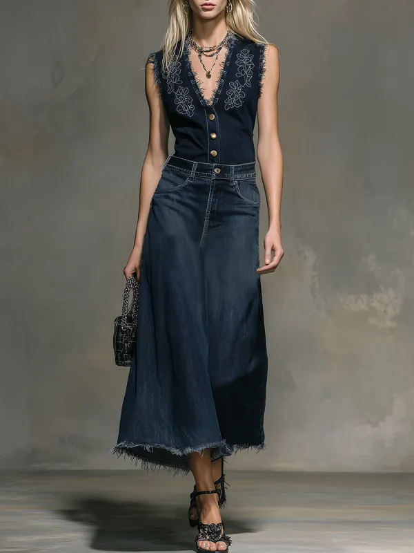 Retro-style Embroidered V-neck Sleeveless Top And Frayed Edges Skirt Set made by Oyrosy