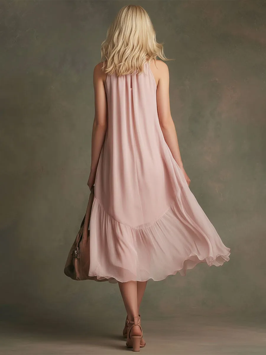 Elegant Pink V-neck Tie-waist Sleeveless Chiffon Midi Dress sold by Oyrosy product image thumbnail 3