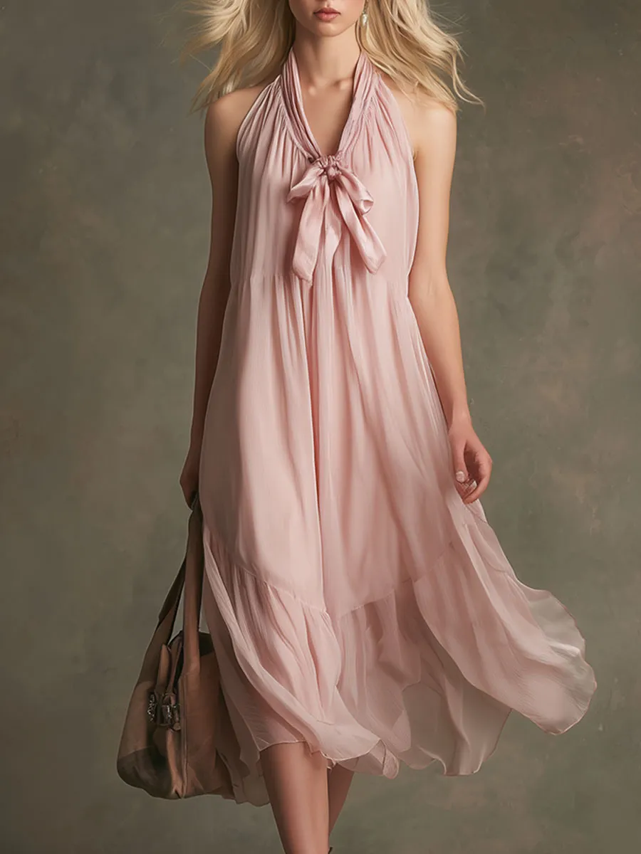 Elegant Pink V-neck Tie-waist Sleeveless Chiffon Midi Dress sold by Oyrosy