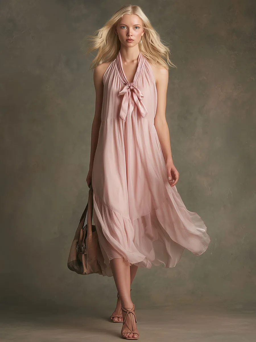 Elegant Pink V-neck Tie-waist Sleeveless Chiffon Midi Dress sold by Oyrosy product image thumbnail 2