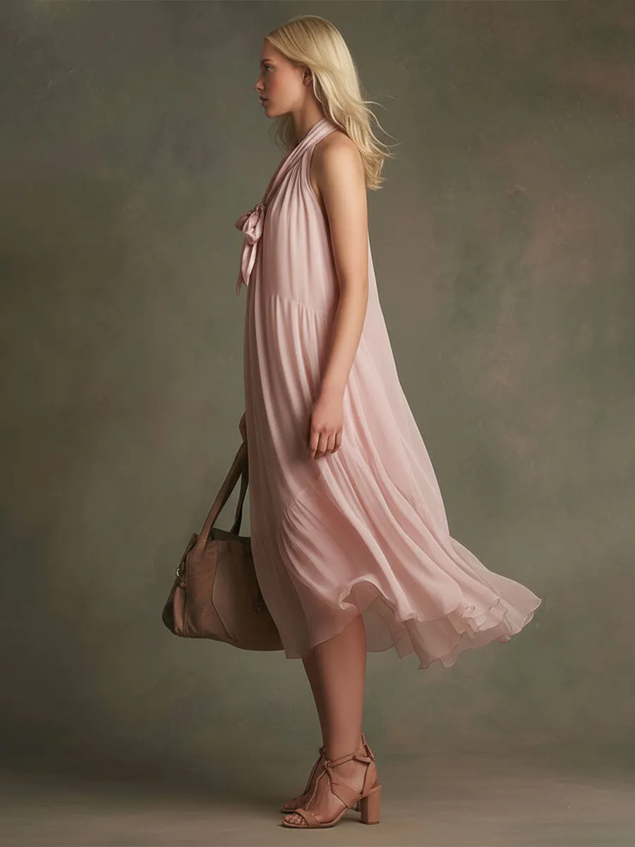 Elegant Pink V-neck Tie-waist Sleeveless Chiffon Midi Dress sold by Oyrosy product image thumbnail 4