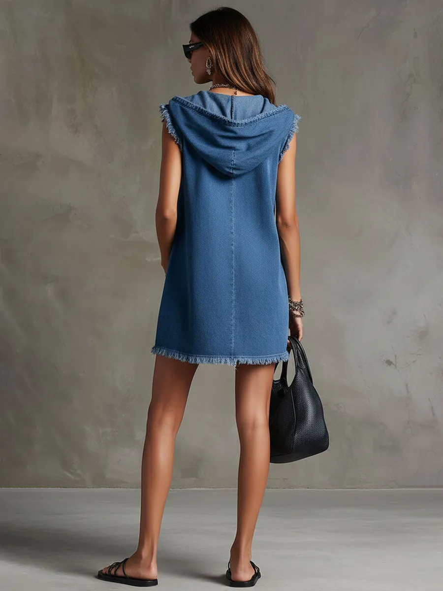 Casual Retro Blue Denim Frayed Hooded Sleeveless Mini Dress sold by Oyrosy product image thumbnail 4