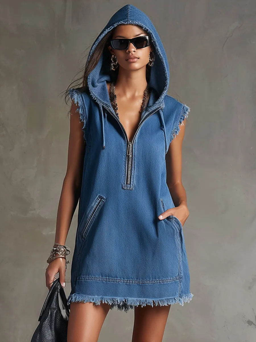 Casual Retro Blue Denim Frayed Hooded Sleeveless Mini Dress sold by Oyrosy