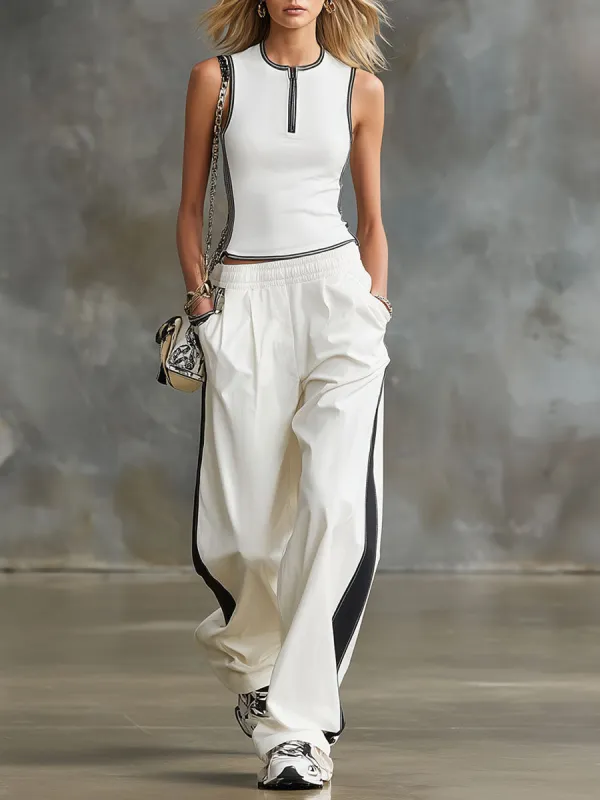 Crew Neck Zip-up Sleeveless Top And Trousers Set sold by Oyrosy