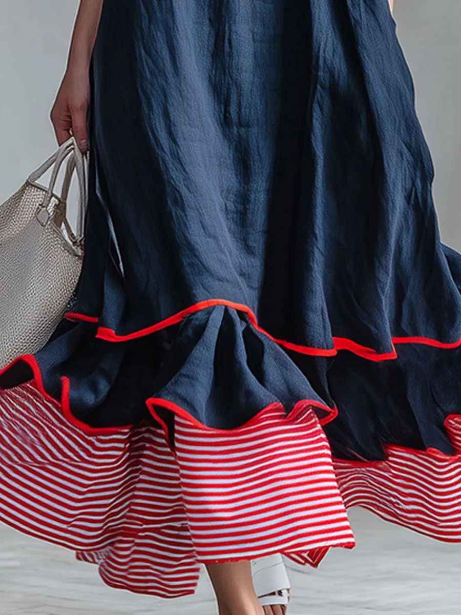 Casual Red And White Striped Patchwork Blue Cotton And Linen Maxi Dress sold by Oyrosy product image thumbnail 4