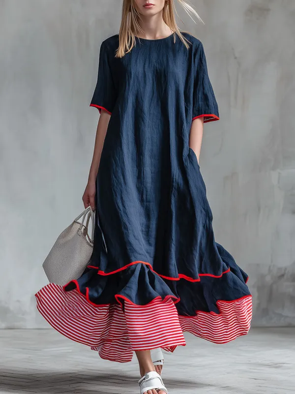 Casual Red And White Striped Patchwork Blue Cotton And Linen Maxi Dress made by Oyrosy