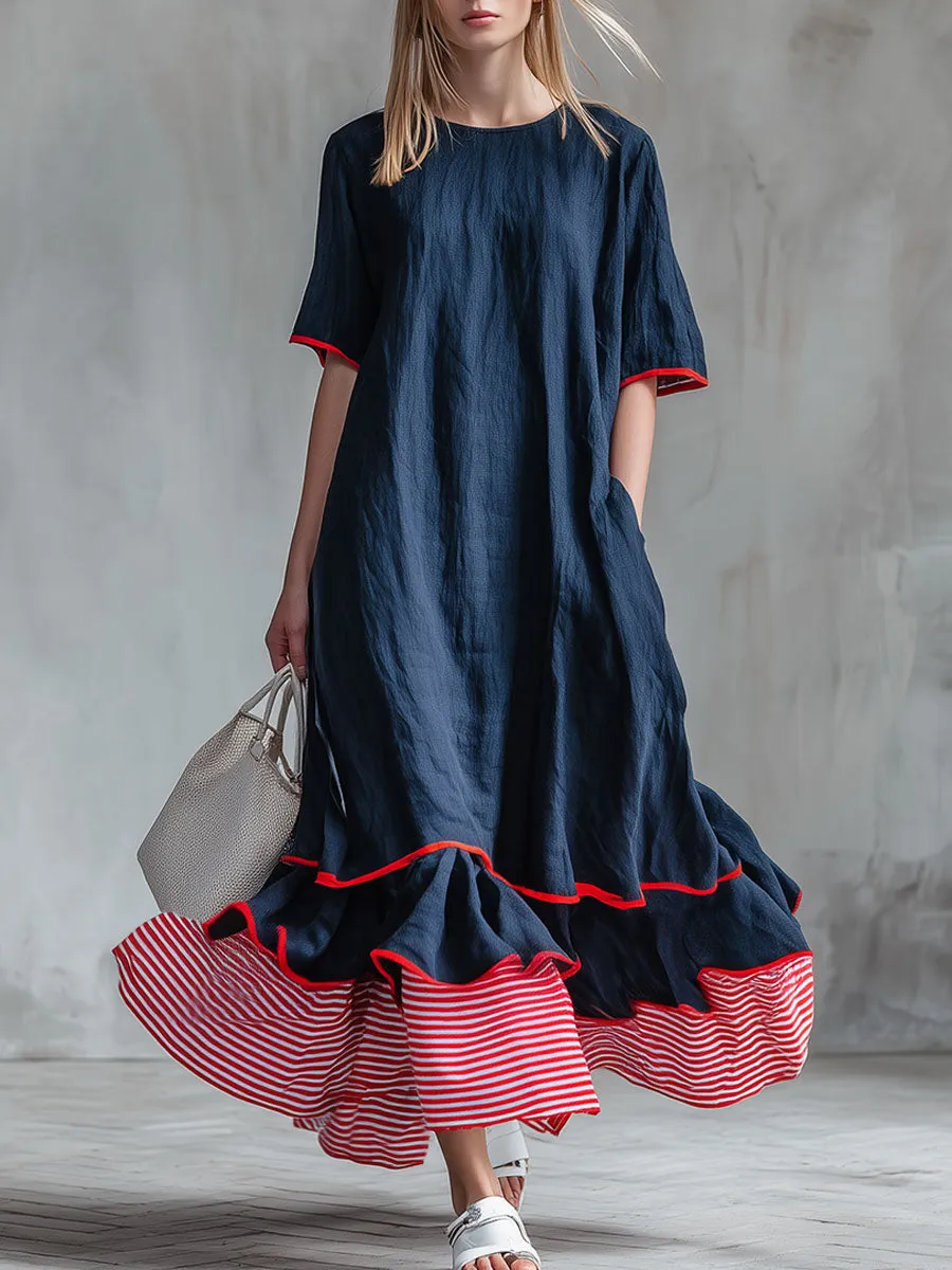 Casual Red And White Striped Patchwork Blue Cotton And Linen Maxi Dress sold by Oyrosy