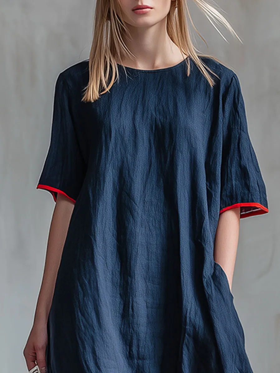 Casual Red And White Striped Patchwork Blue Cotton And Linen Maxi Dress sold by Oyrosy product image thumbnail 3