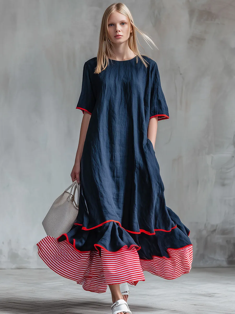 Casual Red And White Striped Patchwork Blue Cotton And Linen Maxi Dress sold by Oyrosy product image thumbnail 2