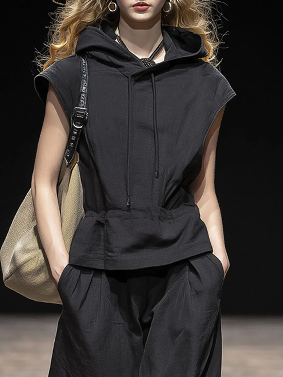 Casual Retro Black Cotton Linen Sleeveless Hooded Top And Wide-leg Pants Set sold by Oyrosy product image thumbnail 4