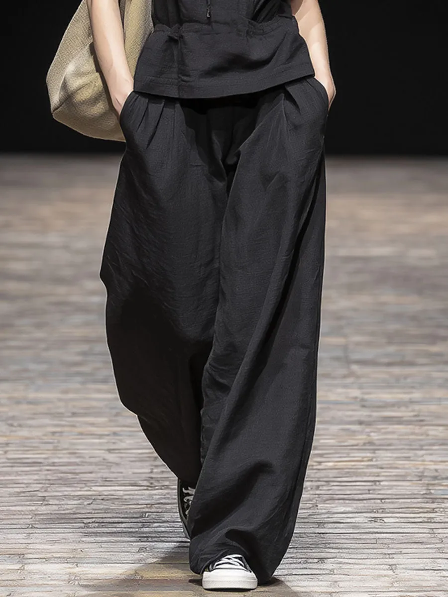 Casual Retro Black Cotton Linen Sleeveless Hooded Top And Wide-leg Pants Set sold by Oyrosy product image thumbnail 5