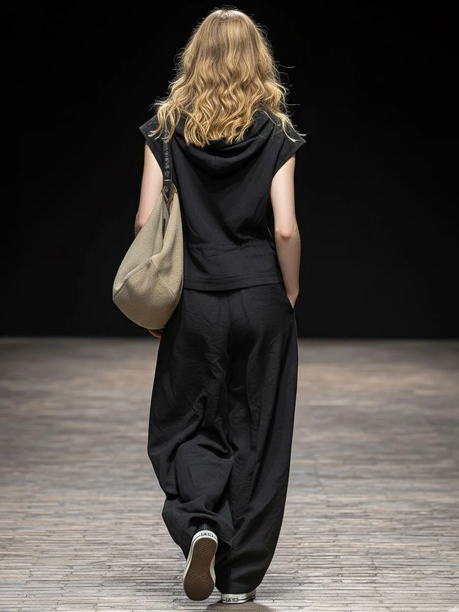 Casual Retro Black Cotton Linen Sleeveless Hooded Top And Wide-leg Pants Set sold by Oyrosy product image thumbnail 3