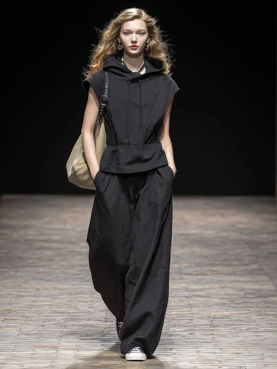 Casual Retro Black Cotton Linen Sleeveless Hooded Top And Wide-leg Pants Set sold by Oyrosy product image thumbnail 2
