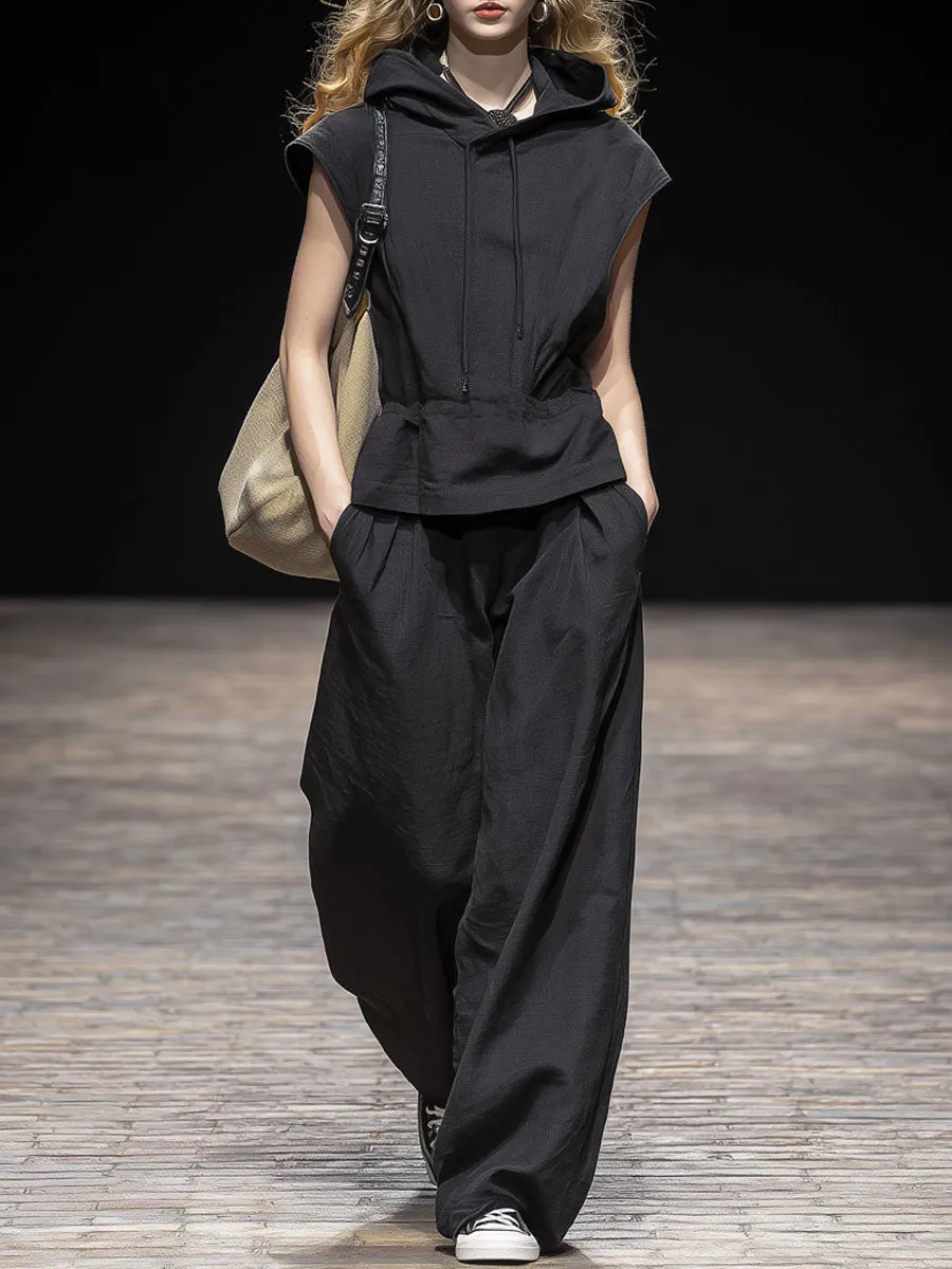 Casual Retro Black Cotton Linen Sleeveless Hooded Top And Wide-leg Pants Set sold by Oyrosy