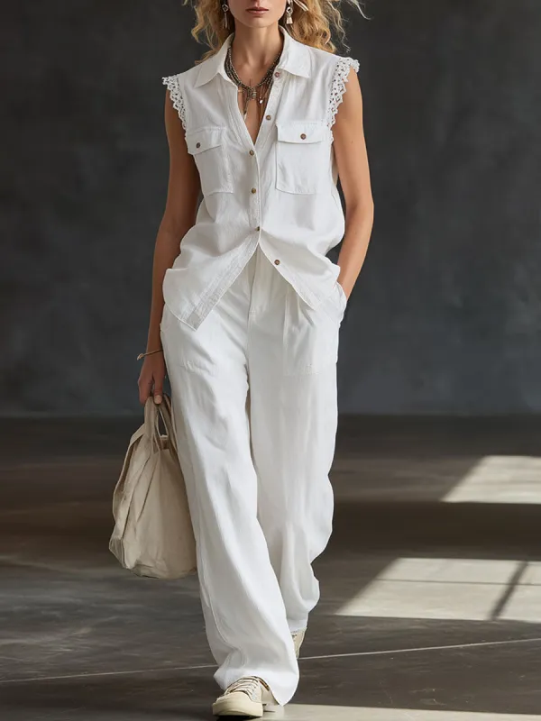 Casual Retro White Cotton Linen Sleeveless Lace Shirt And Wide-leg Pants Set made by Oyrosy