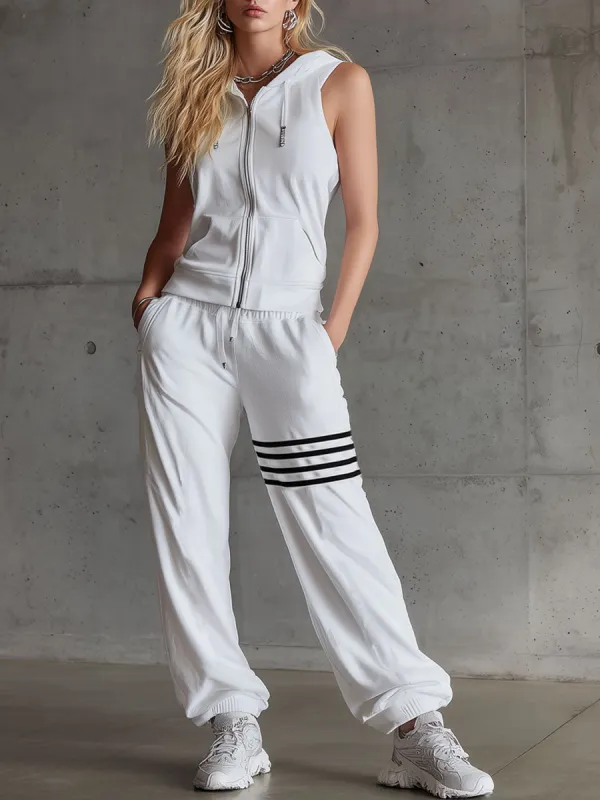 Sporty Retro Striped White Sleeveless Hooded Sweatshirt And Pants Set made by Oyrosy