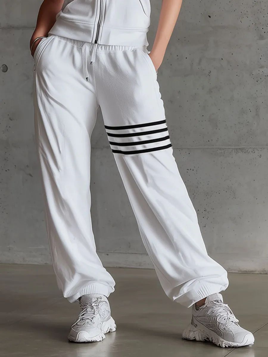 Sporty Retro Striped White Sleeveless Hooded Sweatshirt And Pants Set sold by Oyrosy product image thumbnail 4