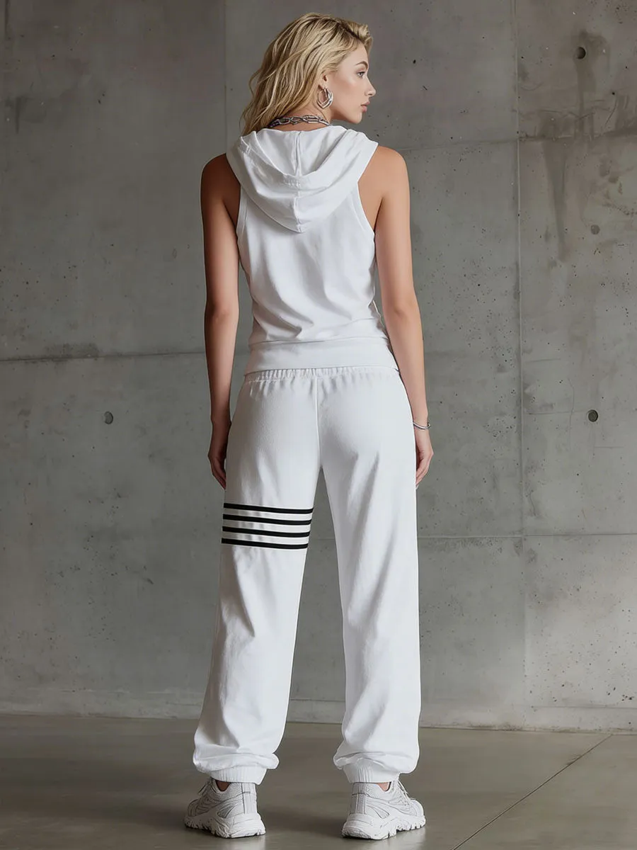Sporty Retro Striped White Sleeveless Hooded Sweatshirt And Pants Set sold by Oyrosy product image thumbnail 3
